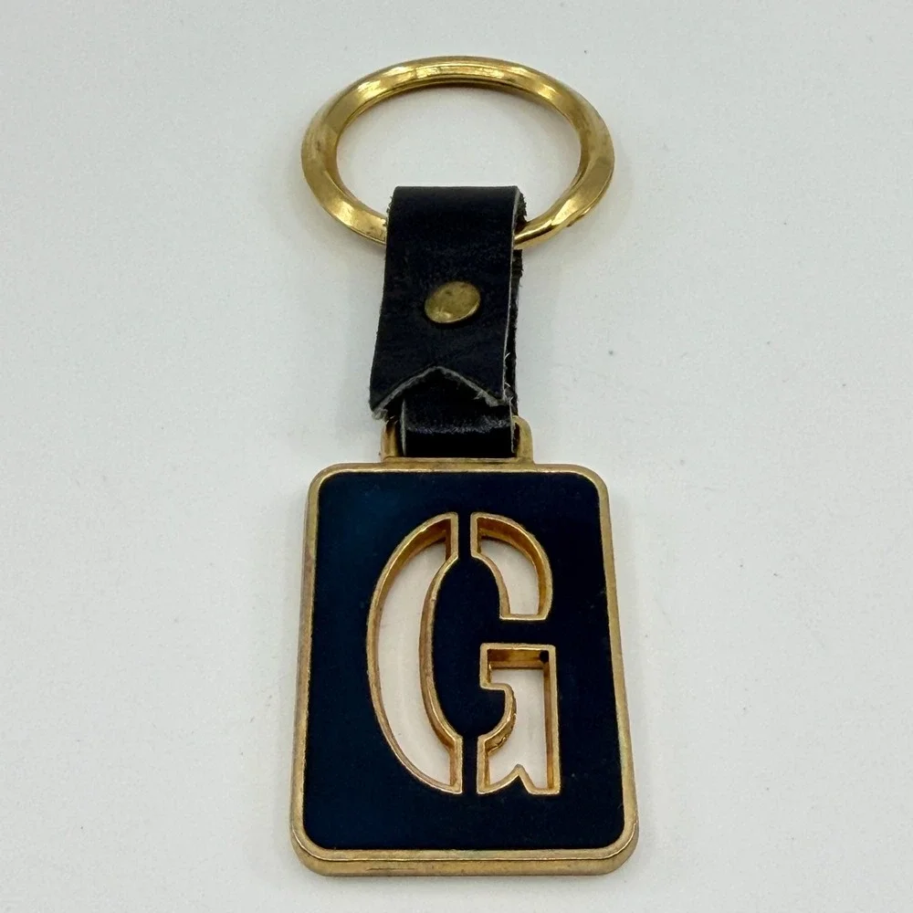 Navy Enamel Pearl Look Initial G Gold Tone Leather Keychain Monogram Bag Charm